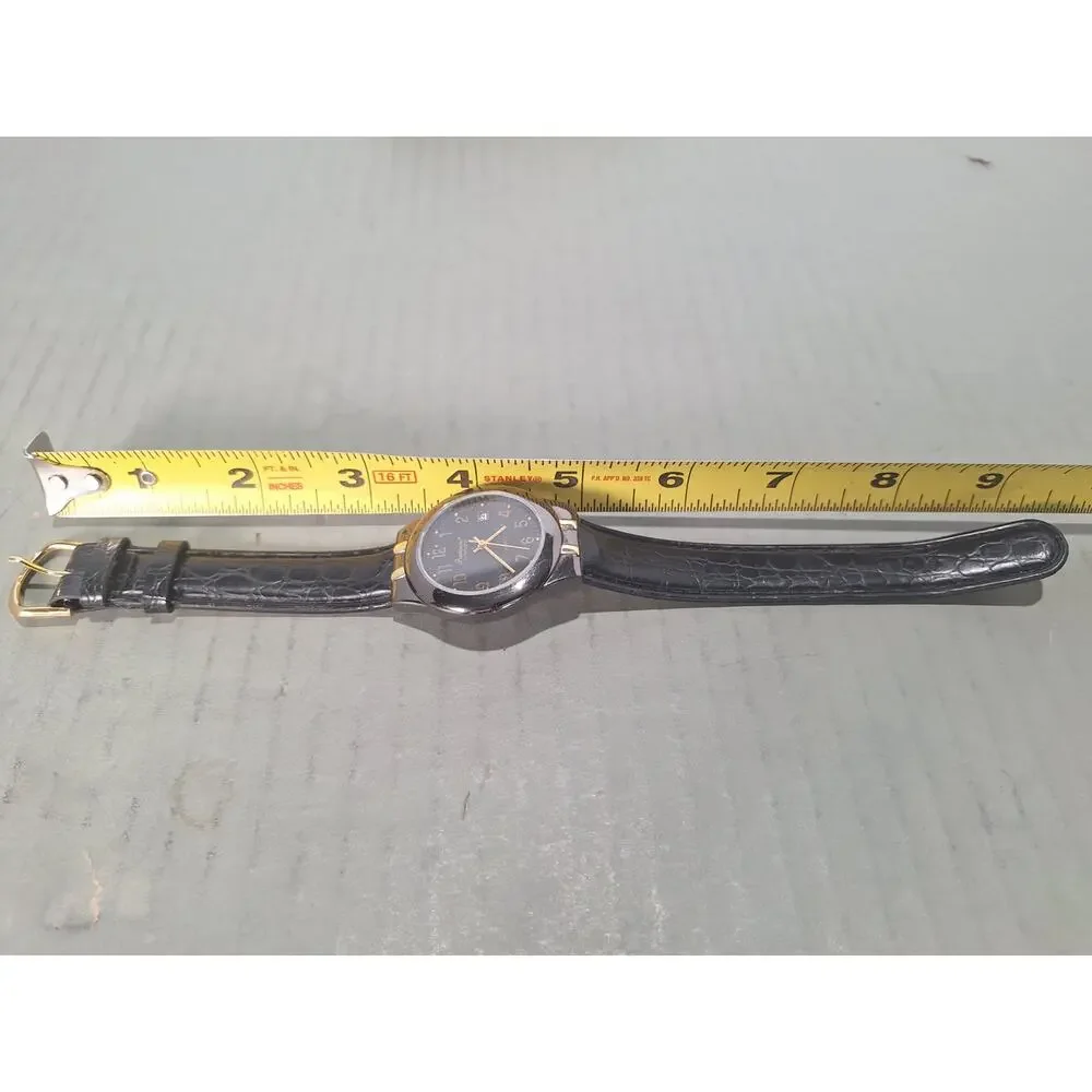 Gruen Precision Quartz Watch Black Dial Gold Tone Date Leather Band- Nice!